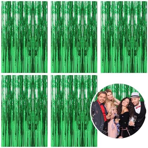 5 Pack Foil Curtain Backdrop Green Metallic Tinsel Foil Fringe Curtains Photo Booth Props for Birthday Wedding Engagement Baby Shower Bachelorette Christmas Holiday Celebration Party Decorations by KEJ