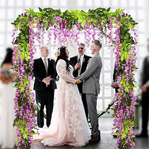 Lvydec Wisteria Artificial Flowers Garland, 4 Pcs Total 28.8ft Artificial Wisteria Vine Silk Hanging Flower for Home Garden Outdoor Ceremony Wedding Arch Floral Decor (Purplish Red) - Image 3