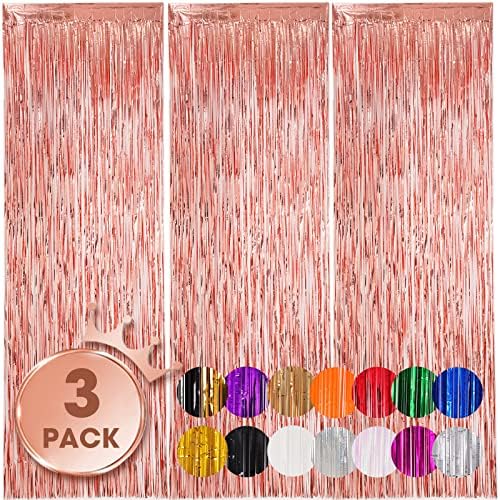 Voircoloria Rose Gold Foil Fringe Backdrop Curtains, 3.3x8.2ft, 3 Pack by Voircoloria
