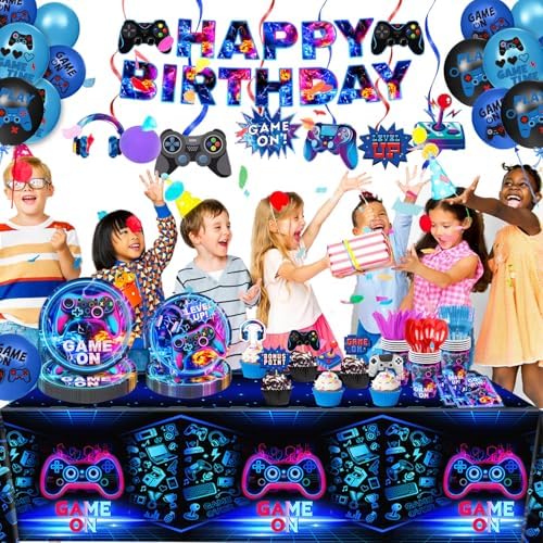 LINHAXM Video Game Birthday Decorations Includes Plates, Napkins, Cups, Cutlery, Cake & Cupcake Toppers, Banner, Hanging Swirls, Tablecloth, Balloons for Gamer Birthday Party Decorations, Serve 20 - Image 7