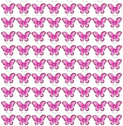 AUEAR, 100 Pack Sheer Mesh Wire Glitter Butterflies Butterfly Decoration with Gem for Home Wedding Party Wall Decorations (Rose Red) by AUEAR
