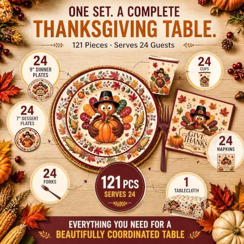 Thanksgiving Party Supplies for 24 Guests, Turkey Disposable Dinnerware Set with Dinner Plates, Dessert Plates, Cups, Napkins, Forks & Tablecloth, Give Thanks Fall Decorations for Thanksgiving Dinner - Image 4