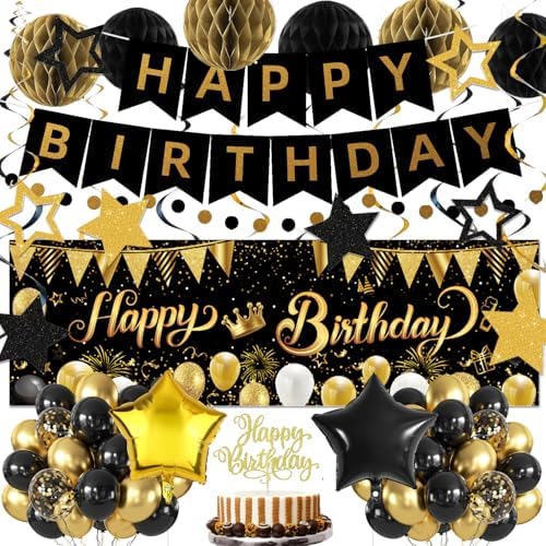Gold Black Birthday Decorations, Happy Birthday Banner, Backdrop, Balloons, Honeycomb Balls, Star Foil Balloons, Stars Hanging Swirls & Cake Topper for Baby Boys Girl Men Women Birthday Decoration by IHEPYQ