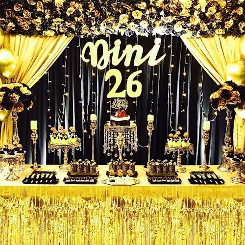 6 PCS Golden Metallic Foil Fringe Tinsel Table Skirts 9 Feet x 29.5 Inch - Image 5