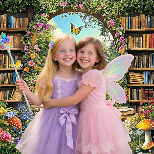 Enchanted Forest Fairy Library Backdrop, Spring Woodland Bookshelf Tea Party Photography Background, Green Floral Plant Birthday Party Decorations Baby Shower Banner Photo Booth Props 12X10FT - Image 2