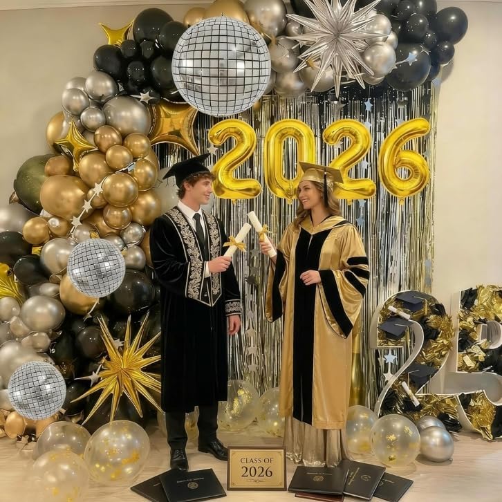 2026 Graduation Balloon Garland Arch Kit, Black Gold Silver Balloon Arch Class of 2026 Graduation Decorations Disco Star Balloons for Grad Celebrations Birthday Party Decorations - Image 5