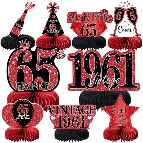 9Pcs 65th Birthday Decorations Red and Black 65th Birthday Party Decorations for Women,Happy 65 Years Vintage 1961 Aged Honeycomb Centerpieces Table Sign Decor Supplies by MOORAY