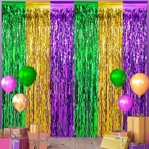 6 Pack 3.3Ft x 6.6Ft Mardi Gras Wavy Foil Fringe Curtain Backdrop Decorations, Purple Gold Green Metallic Tinsel Foil Streamers Curtain Photo Background for Mardi Gras Carnival Wedding Birthday Party by Zachely
