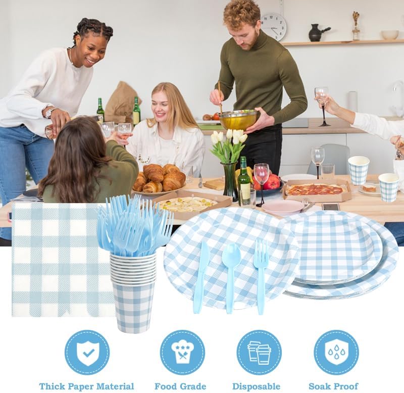 168Pcs Gingham Party Supplies for 24 Guests Thick Paper Plates and Napkins Knives Spoons Forks Cups Disposable Party Set Cutlery for Dinner Baby Shower Wedding Favor(Blue) - Image 4
