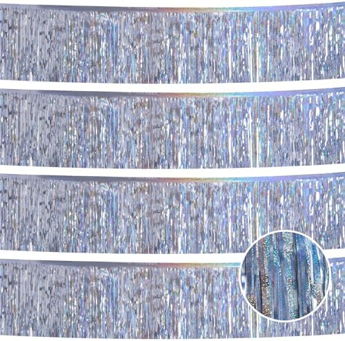 Laser Silver Streamers Party Decorations 4Pack 48FT Table Skirt Tinsel Garland Metallic Parade Float Decorations Ceiling Backdrop Curtain for Wedding Birthday Party Decoration Halloween Christmas by YUKL