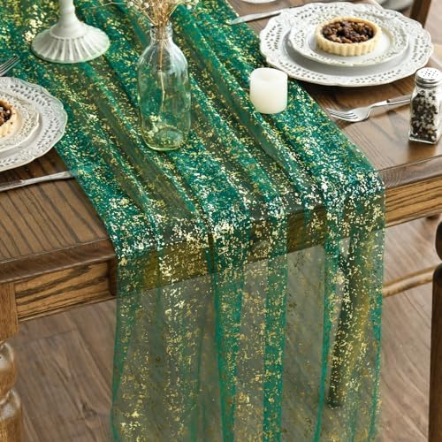Artoid Mode 3PCS Green Gold Gauze Table Runner 120 Inch 10FT, Glitter Metallic Foil Sheer Dining Wedding Anniversary Holiday Table Decor for Home Party by ArtoidMode