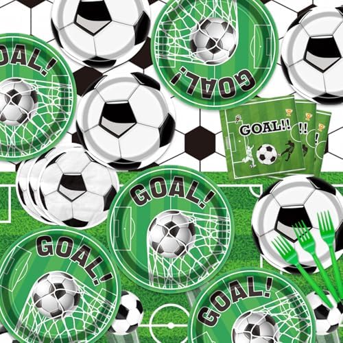 Soccer Party Supplies Kit Serve 20, Disposable Tableware Set Includes Dinner Plates, Dessert Plates, Napkins, Forks, Tablecloths for Boys Birthday Sports Theme Party Decorations - Image 3