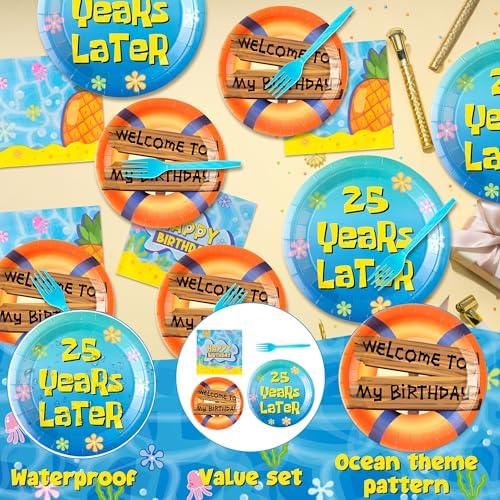 GaofanWai Ocean Yellow 25th Birthday Tableware - 96PCS Pineapple Party Paper Plate Set for Adult, 25 Years Later Ocean Sea Disposable Dinnerware Paper Napkin Fork for Yellow Birthday Party Decorations - Image 4
