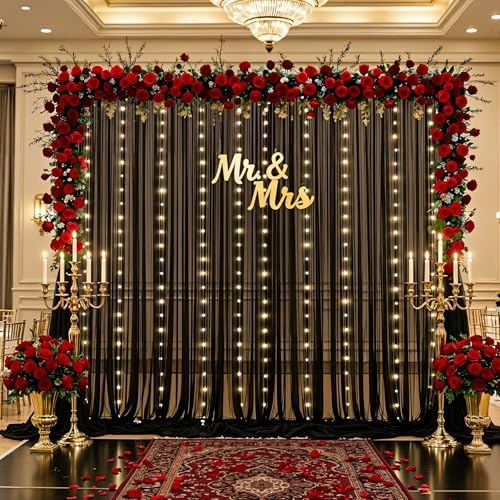 Black Sheer Backdrop Curtains with Lights String for Parties Birthday 10ft × 8ft Black Tulle Backdrop Curtain for Baby Shower Wedding Graduation Halloween Party Photo Shoot Decorations - Image 3