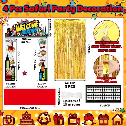 VitalCozy 7 Pcs Hero Party Backdrop Banner Gold Fringe Curtain Decor - Image 2