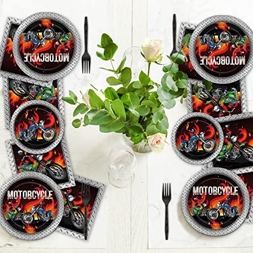 Wiooffen 96pcs Motorcycle Party Decorations Motorcycle Paper Plates Napkins Birthday Disposable Cake Dessert Tableware Set Motocross Biker Theme Party Supplies Baby Shower Decorations Favors Serve 24 - Image 6