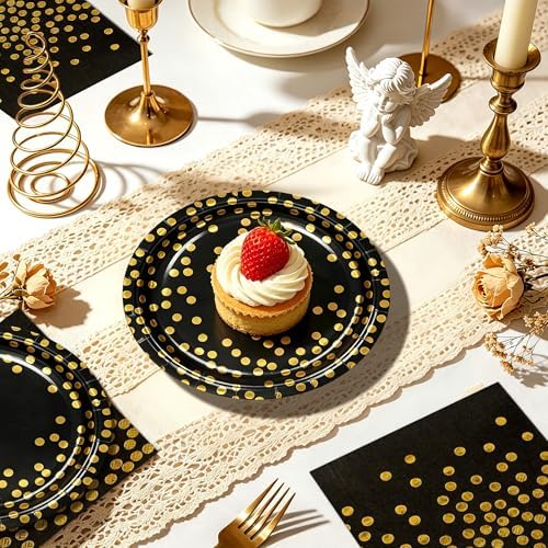 150 PCS Black and Gold Paper Plates and Napkins Party Supplies,Serves 25 Guests Black Gold Plates and Napkins,Disposable Paper Tableware Set for Birthday Graduation Retirement Decorations - Image 4