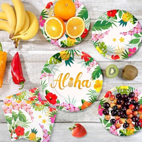 72PCS Hawaiian Plates and Napkins, Set of 24 Aloha Plants Luau Party Plates - Image 5