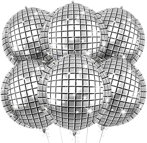 6pcs 22 Inch Silver Disco Ball Balloons, Silver Big Disco Balloons, 4d Large Foil Aluminum Balloon For Birthday Baby Shower 70s 80s 90s Theme Party Wedding Engagement Graduation New Year Decoration by Paready