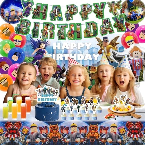 Birthday Party Decorations - Theme Children's Party Supplies Included Happy Birthday Banner, Backdrop, Hanging Swirls, Tablecloth, Cupcake Cake Toppers, Latex Balloons and Foil Balloons - Image 6