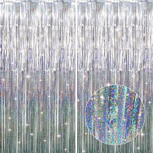GOER 6.4 ft x 8.2 ft Metallic Tinsel Foil Fringe Curtains,Pack of 2 Party Streamer Backdrop for Birthday,Graduation Decorations and New Year Eve (Shiny Silver) by GOER