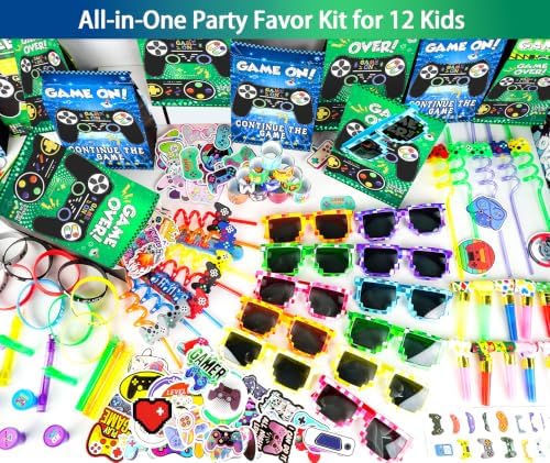 296Pcs Video Game Party Favors for 12 Kids, Including Goodie Bags, Glasses, Straws, Bracelets, Keychains, Stamps, Stickers, Tattoos & More-Perfect for Theme Birthday Party Decorations & Piñata Fillers - Image 2