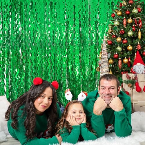 2 Pack Green Tinsel Foil Curtain Wavy Backdrop Birthday Party Decorations - Image 6
