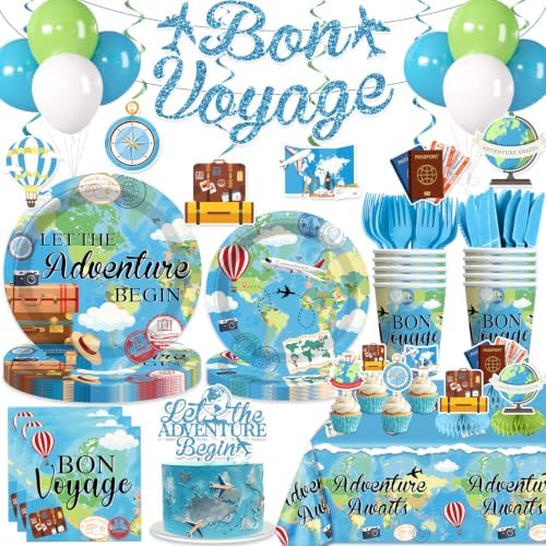 205pcs Bon Voyage Party Decorations Tableware Set, for 25 Guests by Yingoto