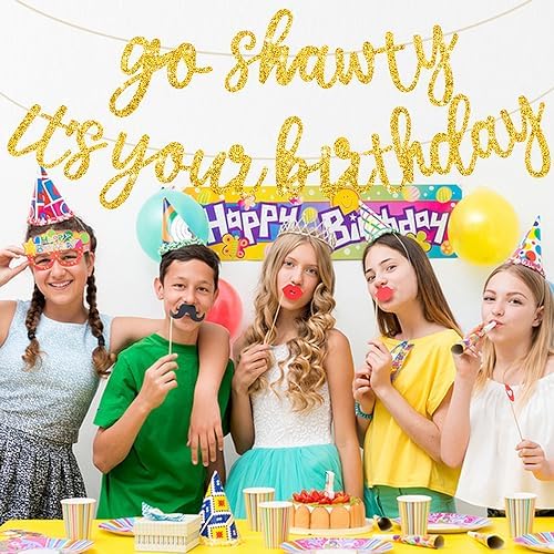 BEISHIDA Glitter Gold Pre-Strung Go Shawty It's Your Birthday Banner Decor - Image 4
