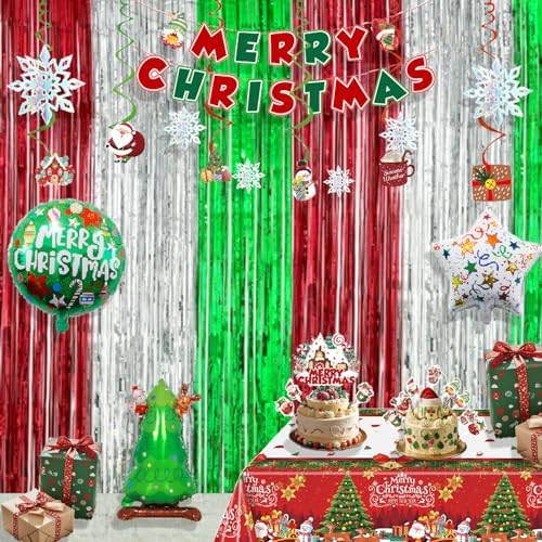 Christmas Party Decorations Set, Merry Christmas Banner, Multicolor Fringe Curtains, Xmas Tree Deer Tablecloth, Santa Cake Topper, Foil Balloons, Snowman Hanging Snowflakes Swirls by Tentinstar