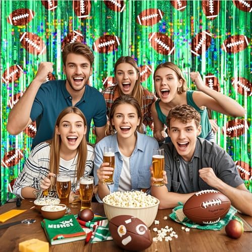 2 Packs Football Foil Fringe Curtain, Green Glitter Metallic Tinsel Backdrop for Birthday, Baby Shower, Super Bowl, Football Party Decorations Supplies - Image 4