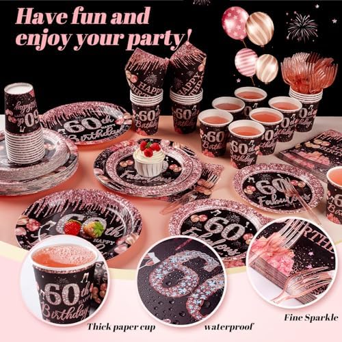 250PCS 60th Birthday Party Decorations for 50 Guests Black and Rose Gold Party Supplies for Women Include Disposable Paper Plates, Napkins, Cups, and Disposable Plastic Cutlery (60) - Image 3
