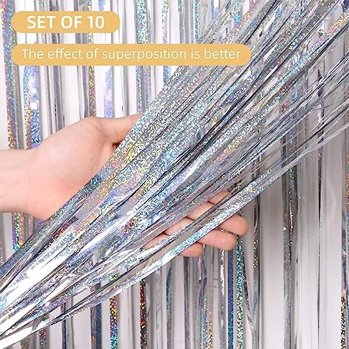 10 Pack Silver Foil Curtain Backdrop 3.2ft x 9.8ft Metallic Tinsel Foil Fringe Curtains Streamer Photo Booth Backdrop for Birthday Party Engagement Bachelorette Party Decorations - Sparkle Silver - Image 2
