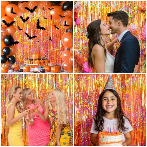 4 Packs Orange Foil Fringe Curtain, Orange Glitter Metallic Tinsel Backdrop for Birthday, Wedding, Baby Shower, Halloween, Thanksgiving, Friendsgiving, Fall Party Decorations Supplies - Image 4