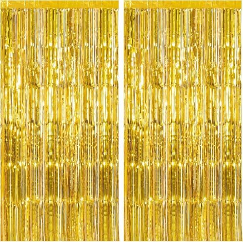 2 Pack Gold Backdrop Birthday Decorations Foil Curtain Backdrop Gold Streamers Dance Party Decorations Photo Booth Props for Bachelorette Decorations Christmas Halloween New Years Eve Party Supplies by KEJ