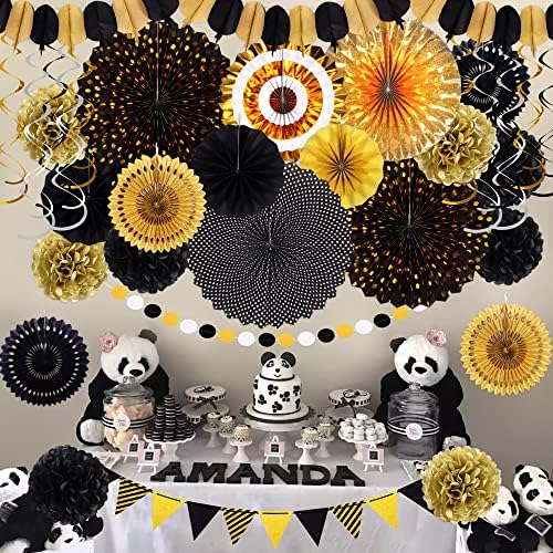 Moon Boat 35PCS Party Decorations Paper Fan Hanging Set - Birthday,Graduation,Baby Shower,Wedding,Retirement,Black and Gold Decor（Black） - Image 5
