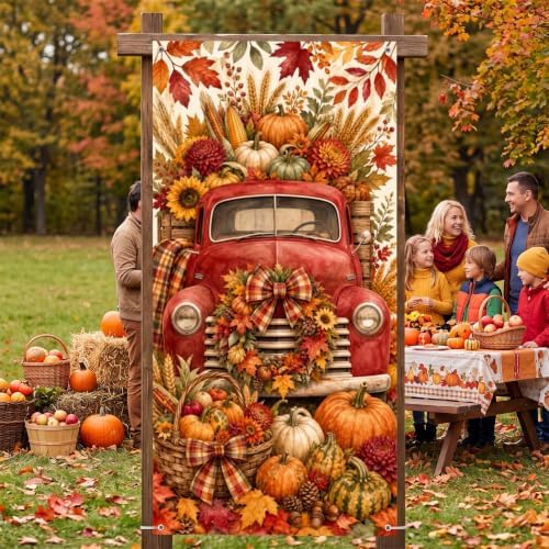 Fall Door Banner 35x71 Inch Autumn Harvest Door Backdrop Decor with Vintage Red Truck Pumpkins Sunflowers Maple Leaves Design for Front Porch Thanksgiving Farmhouse Hanging Home Decor - Image 7