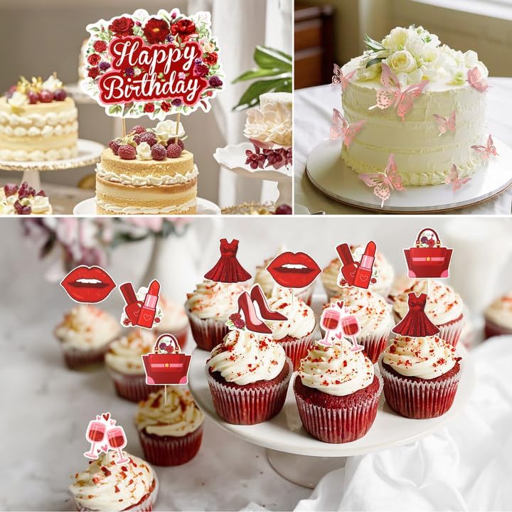 167Pcs Happy Birthday Decorations for Women with Butterfly Sticker Cupcake Toppers, Burgundy Balloon Arch Kit Maroon Rose Gold Balloons Backdrop Tablecloth Floral Burgundy Birthday Party Supplies - Image 5