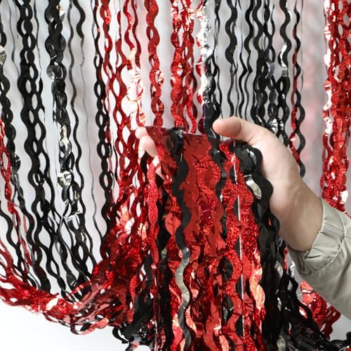 4 Pack Sparkle Red and Black Fringe Curtain - 3.3x6.6 Feet Tinsel Streamer for Birthday Decorations | Halloween Decorations | Casino Theme Party Decorations | Red Carpet by KEEUH