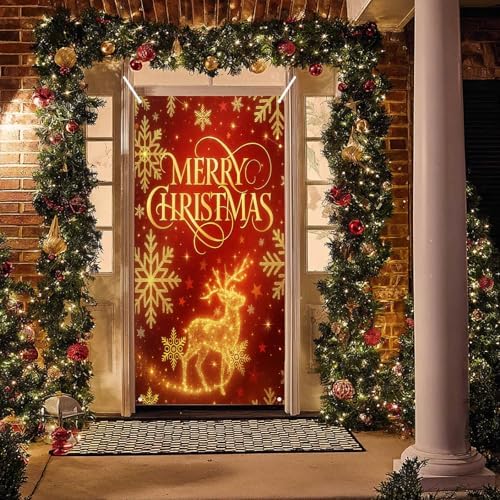 BlissYard Merry Christmas Door Cover 71x35 Inch Front Porch Door Banners Decoration Winter Golden Reindeer Snowflake Stars for Sign Party Indoor Decor - Image 5