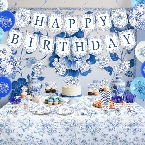 Blue Floral Party Decoration, Including Happy Birthday Banner, Plates, Cups, Napkins, Tablecloth, Paper Lantern, Straws, for Flower Birthday Wedding Chinoiserie Party Supplies Serves 20 - Image 6
