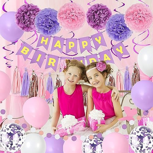 Purple Pink Birthday Party Decorations for Women Girls with Happy Birthday Banner,Hanging Swirls,Tissue Paper Pompoms,Circle Dots Garland,Tassel Garland Purple Balloons - Image 4
