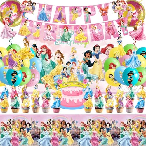 62PCS Disne Princess Party Supplies, Birthday Decorations Set Include Banner, Balloons, Backdrop, Cupcake Toppers, Tablecloth, Hanging Swirls for Kids Princess Theme Birthday Party by Hupalun
