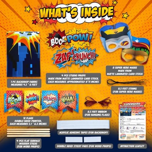 Superheroes Theme Party Photography Backdrop with Prop, Flag & Mask. Super Hero Cityscape Photo Booth Background for Kids Party, Birthday Wall Decorations - Image 3