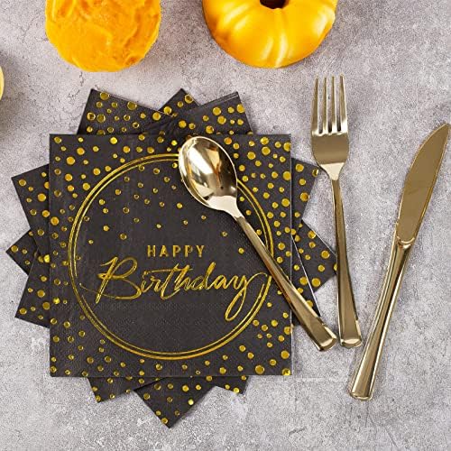 175PCS Happy Birthday Disposable Dinnerware Set Party Supplies, Paper Black Gold Plates and Napkins with Gold Plastic Forks Knives Spoons Serve 25 Guests for Birthday Party Decoration - Image 4