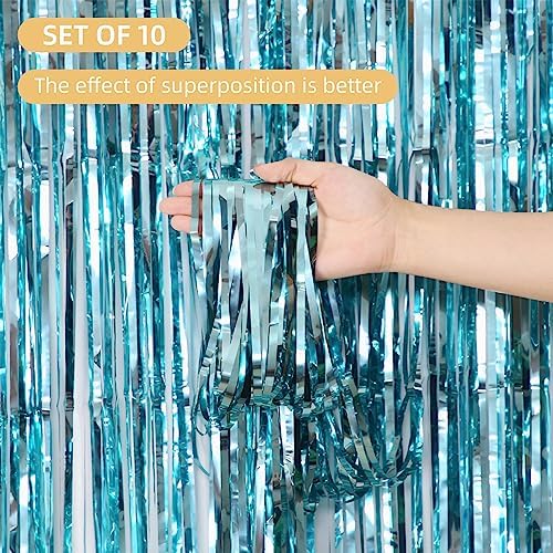 10 Pack Blue Foil Curtain Backdrop 3.2ft x 9.8ft Metallic Tinsel Foil Fringe Curtains Streamer Photo Booth Backdrop for Birthday Party Engagement Bachelorette Party Decorations (Light Blue) - Image 2