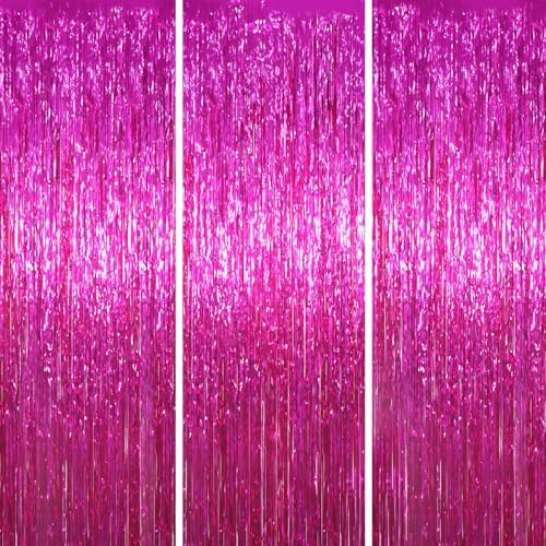 Voircoloria Pink Foil Fringe Backdrop Curtains, 3.3x8.2ft, 3 Pack by Voircoloria