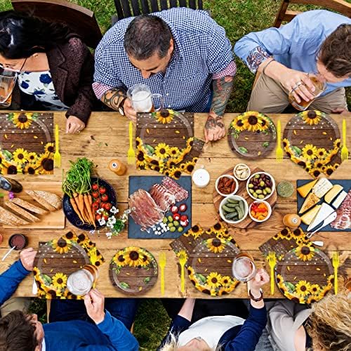 200PCS Sunflower Paper Plates and Napkins Sunflower Birthday Party Decoration Hoedown Party Decorations Supplies with Wood Land Background Bridal Baby Shower Tableware Brown Country Rustic Style - Image 6