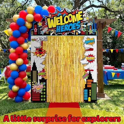 VitalCozy 7 Pcs Hero Party Backdrop Banner Gold Fringe Curtain Decor - Image 5