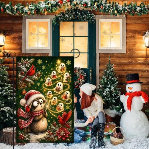 Christmas Garden Flag Vintage Holiday Raccoon Ghost Tree Winter Yard Decor - Image 6